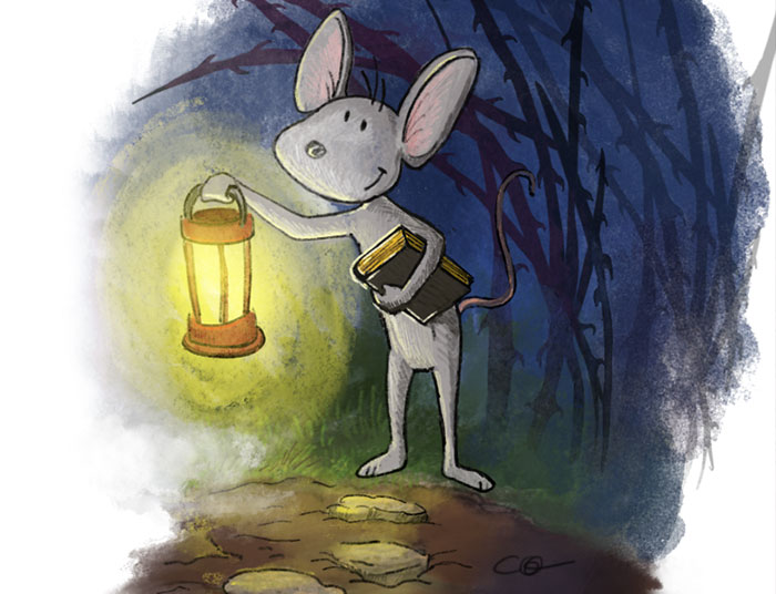 cute mouse holding lantern and bible image  illustration